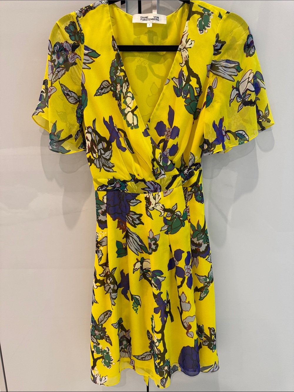 Diane Von Furstenberg Yellow Floral Mini Dress with Purple & Green Accents